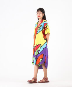 Alternative view of (Pre-order) Short Dress with Collar Cotton Silk Hand Paint Free Size